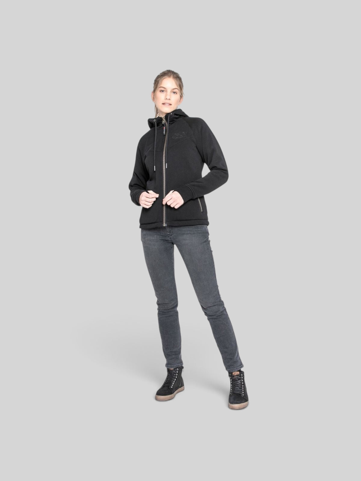 Baffle Haus XTM women's black protective motorcycle hoodie with cotton-twill exterior and zippered pockets