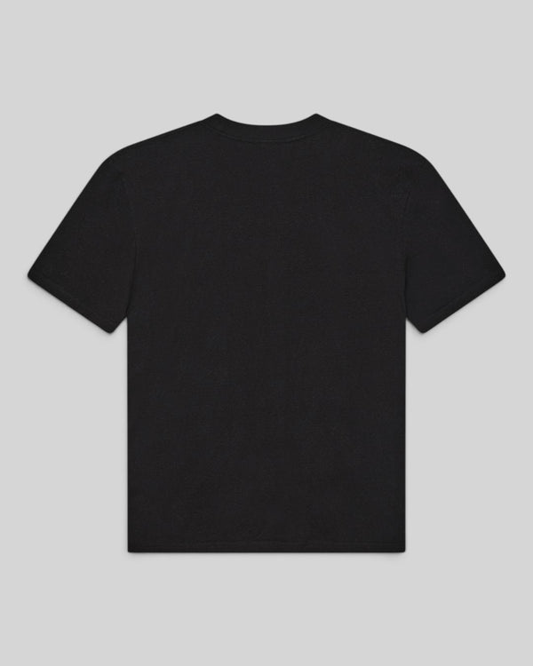 Back view of the Baffle Haus Yesyes Tee in black, featuring a boxy fit and stonewashed recycled cotton jersey fabric.