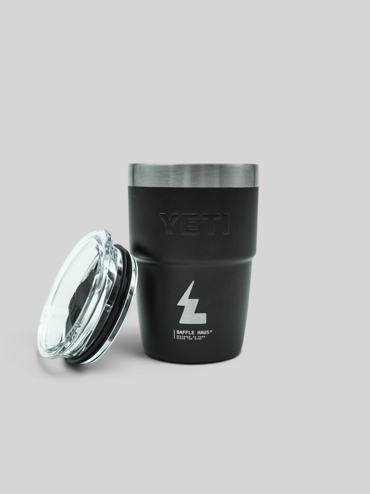 Baffle Haus Yeti 8 oz black stackable stainless steel espresso cup with MagSlider lid and branded lightning logo