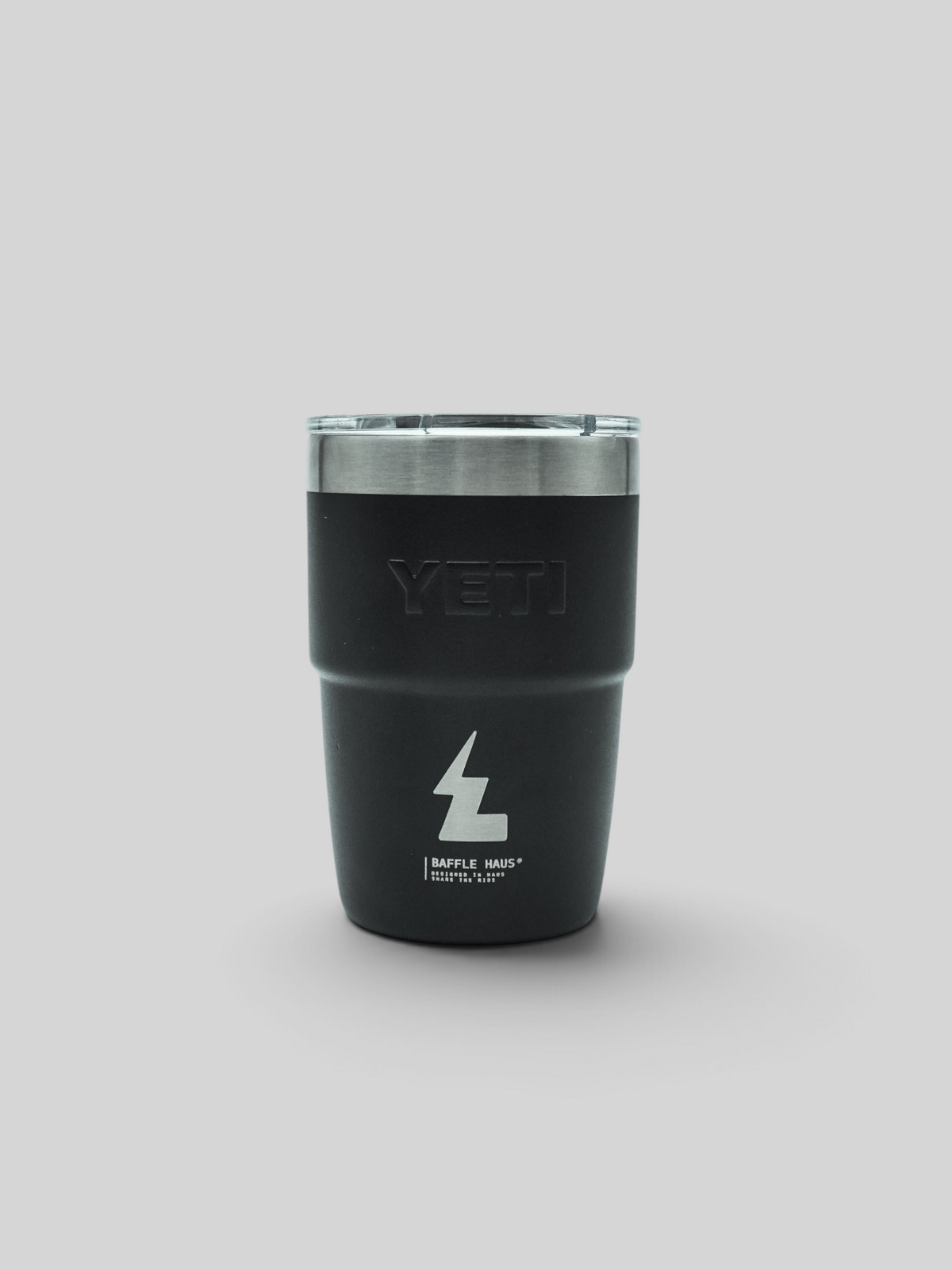 Baffle Haus Yeti 8 oz black stackable stainless steel coffee cup with DuraSip ceramic lining and MagSlider lid.