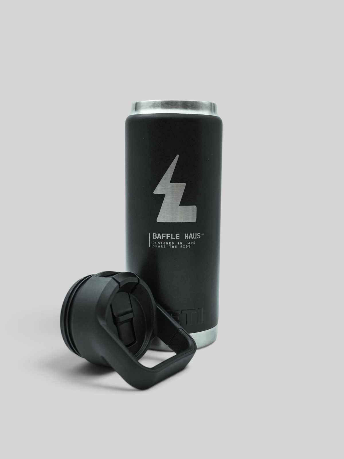 Baffle Haus Yeti 26 oz black stainless steel vacuum insulated water bottle with Chug Cap and lightning bolt logo
