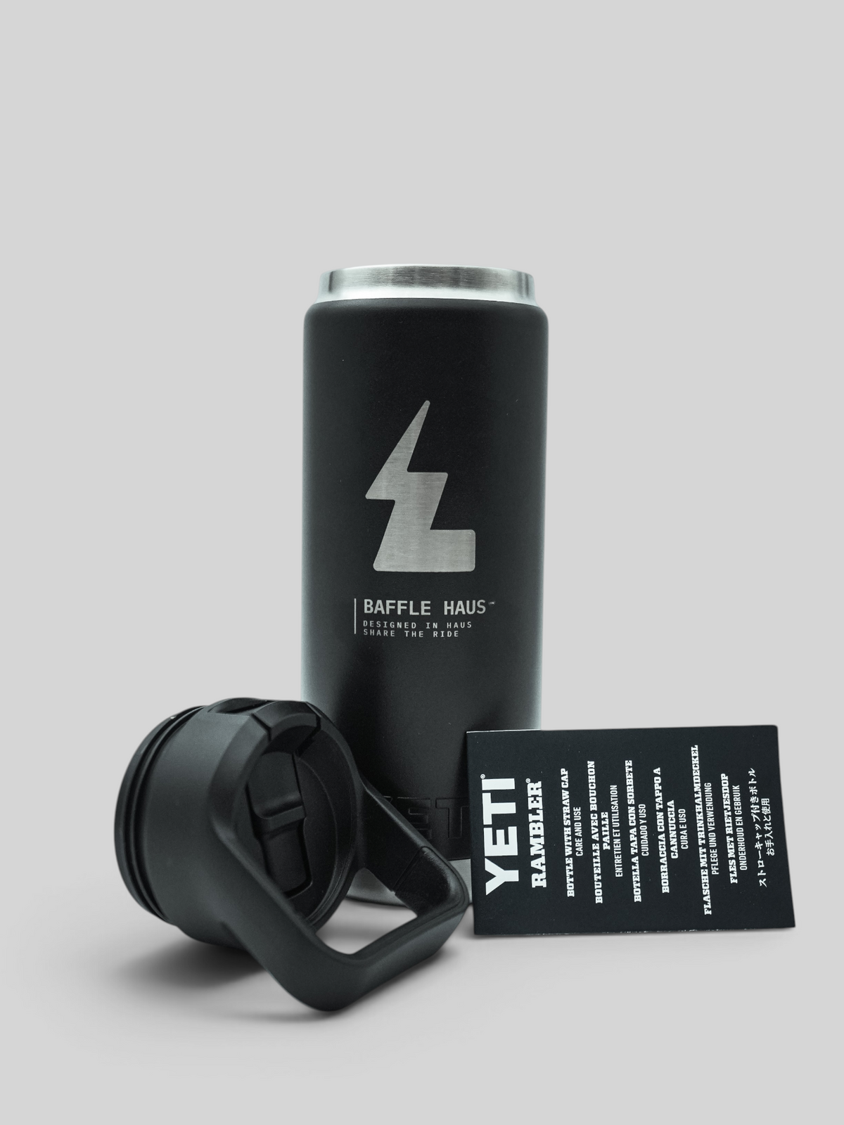 Baffle Haus Yeti 26 oz black stainless steel vacuum insulated water bottle with Chug Cap and lightning bolt logo