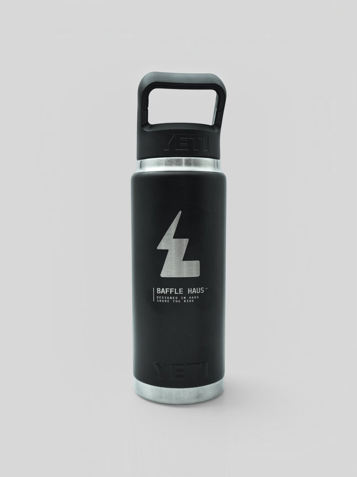 Baffle Haus Yeti 26 oz black stainless steel water bottle with Chug Cap and lightning bolt logo branding