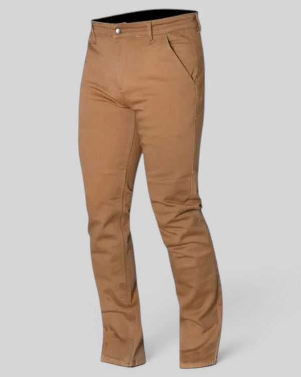 Baffle Haus Brody riding chino in camel stretch cotton twill with protective D3O armour for motorcycle riding.