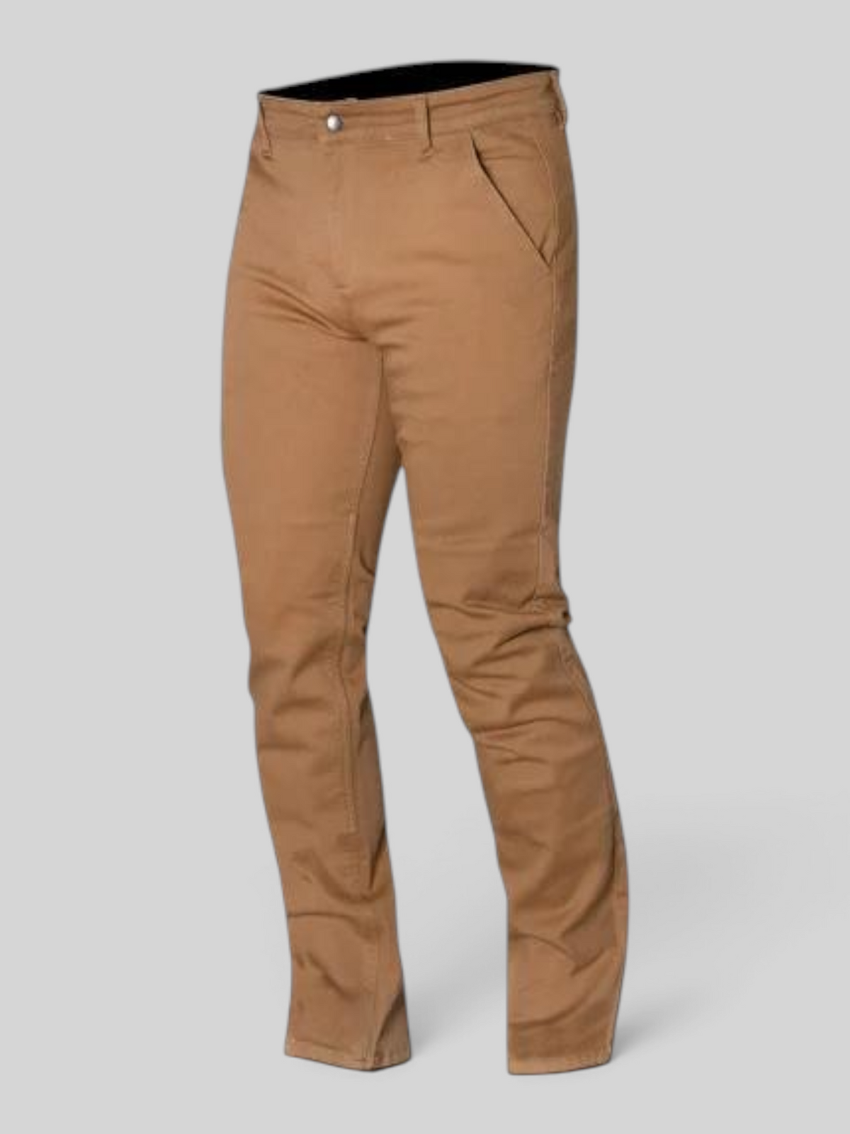 Baffle Haus Brody riding chino in camel stretch cotton twill with protective D3O armour for motorcycle riding.