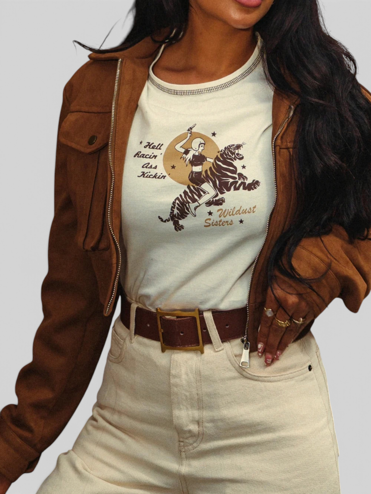 Baffle Haus Hell Racin' white cotton tee with tiger rider graphic, cropped fit, and visible topstitching details.