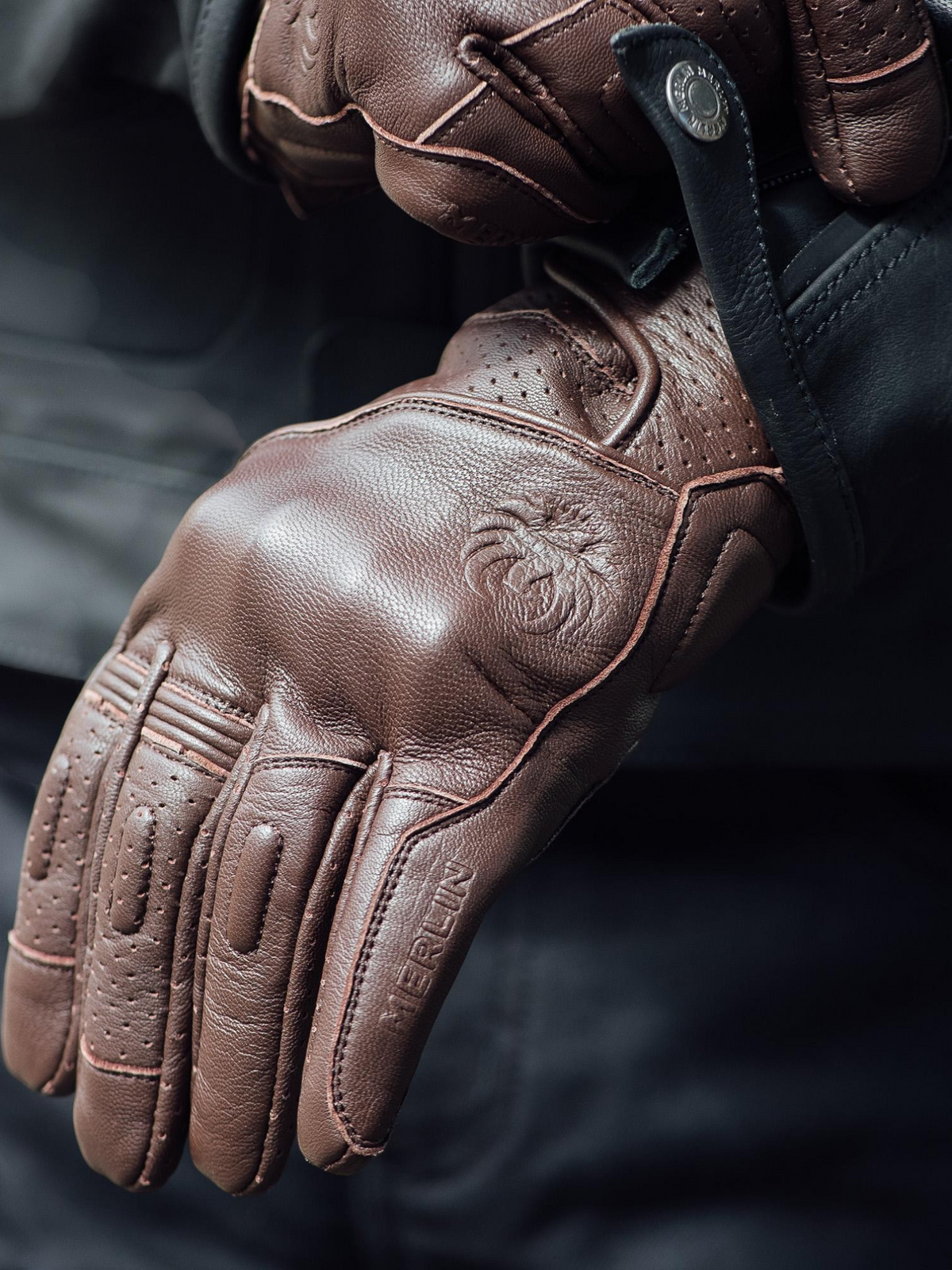Baffle Haus Legacy brown goat leather motorcycle gloves with perforated panels and D3O knuckle protection