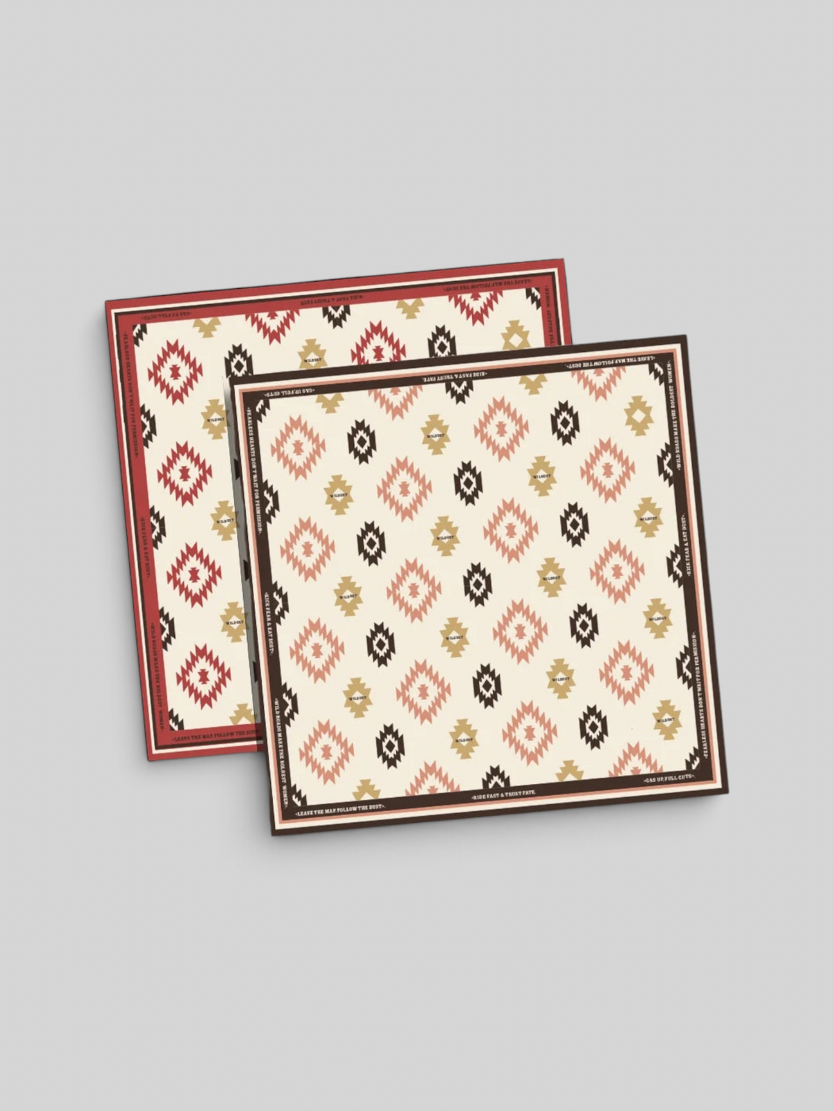 Baffle Haus Apache motorcycle scarf featuring a geometric western print in beige, terracotta, and brown Lycra fabric.