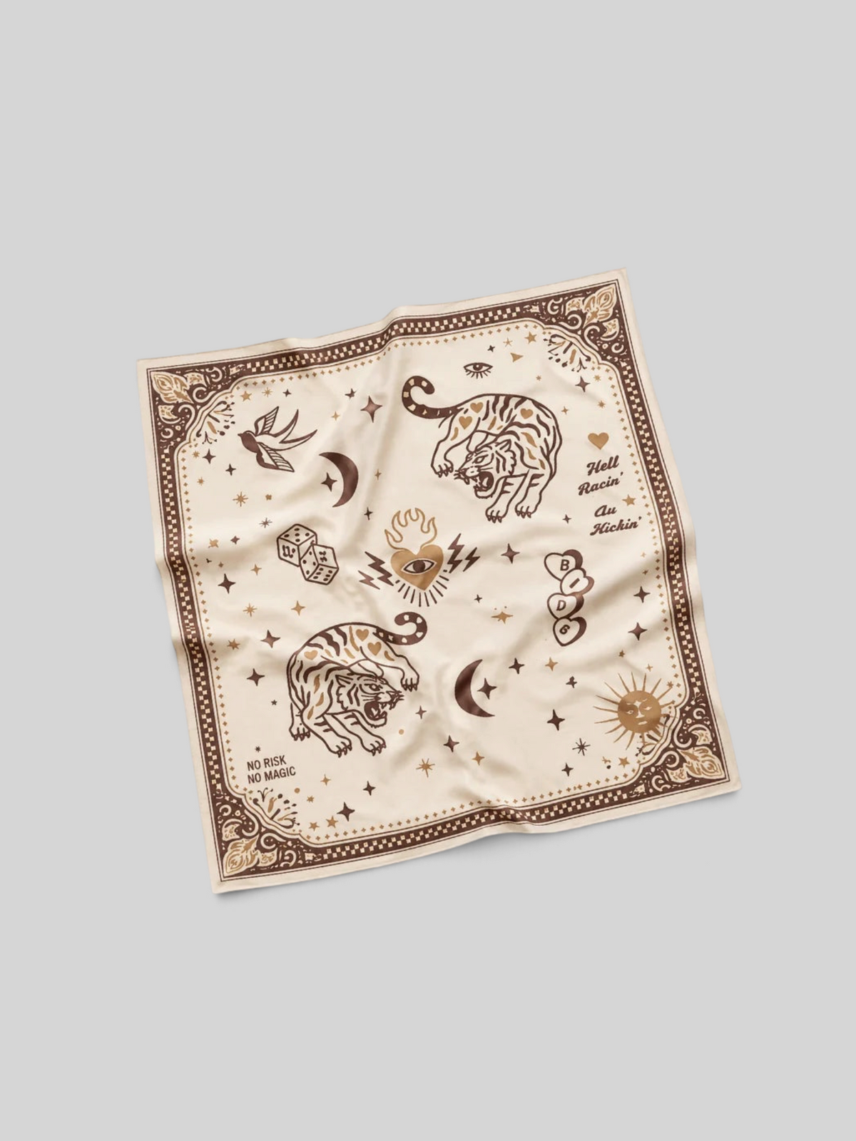 Baffle Haus Moon Rider beige lycra motorcycle scarf with brown tiger, celestial, and tattoo-inspired graphic prints.