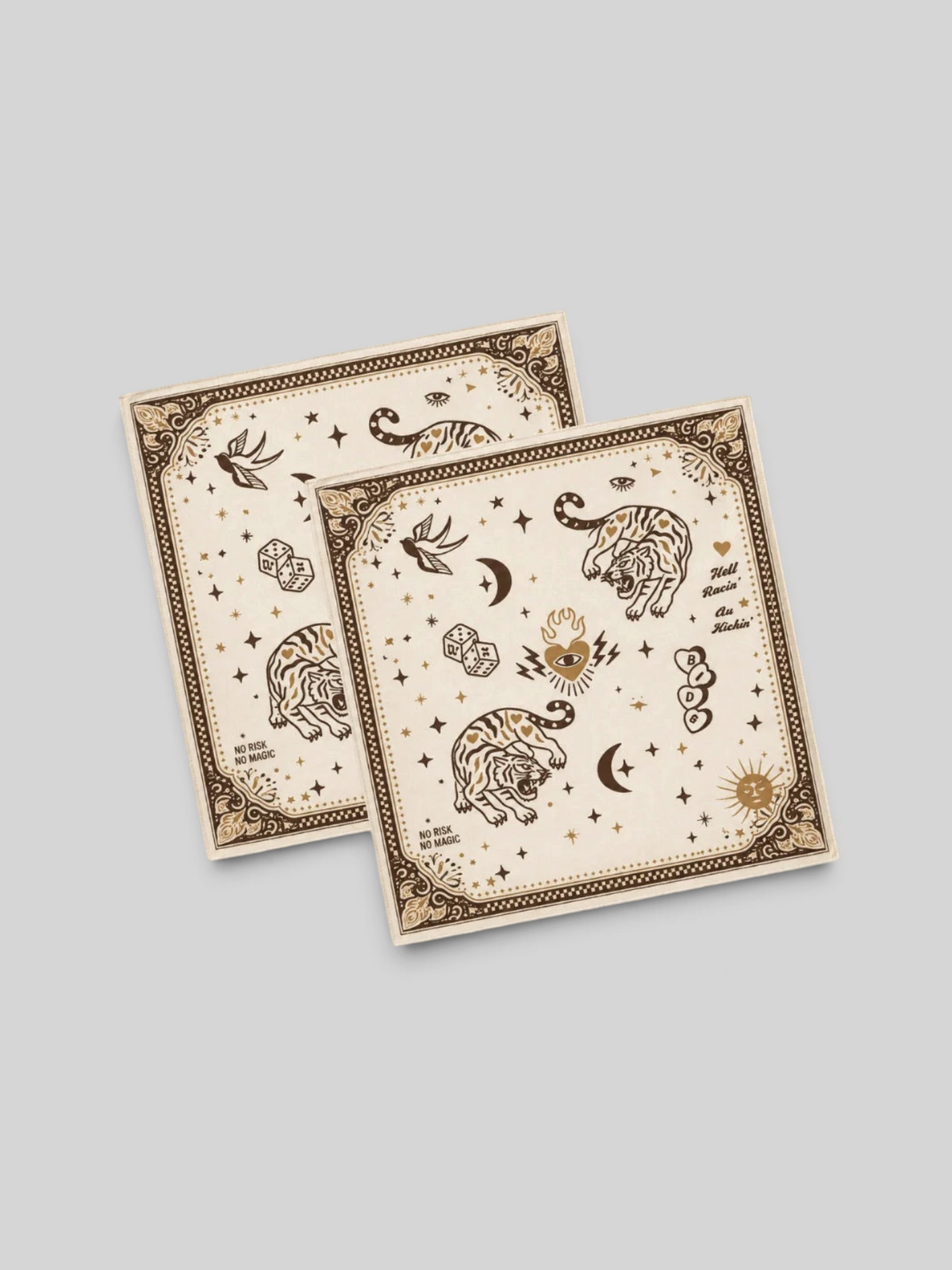 Baffle Haus beige lycra motorcycle scarf with brown tiger, celestial, and tattoo-inspired graphic prints.