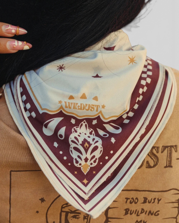 Baffle Haus Moon Rider beige lycra motorcycle scarf with brown mystical tiger and celestial tattoo-style prints