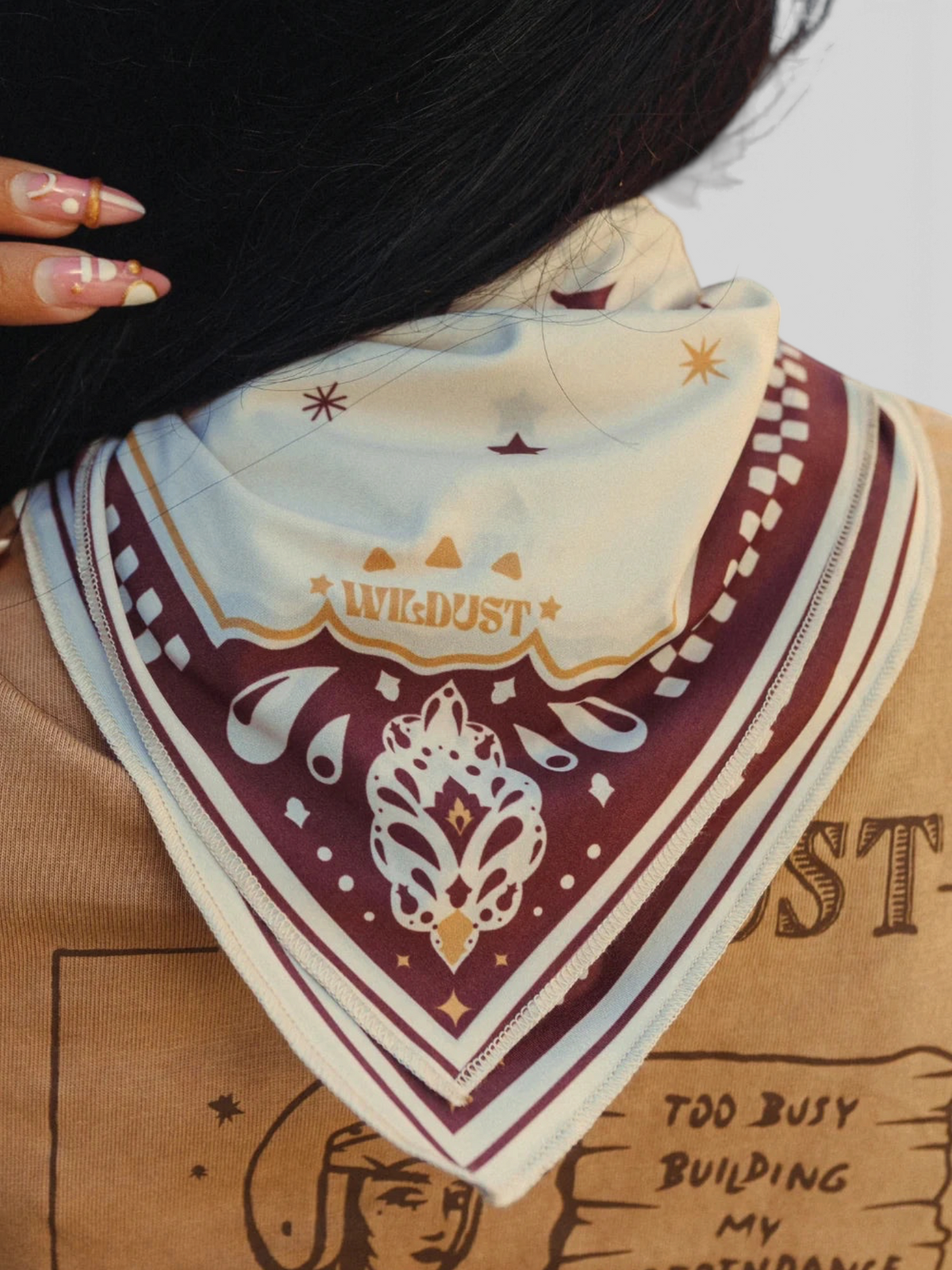 Baffle Haus Moon Rider beige lycra motorcycle scarf with brown mystical tiger and celestial tattoo-style prints