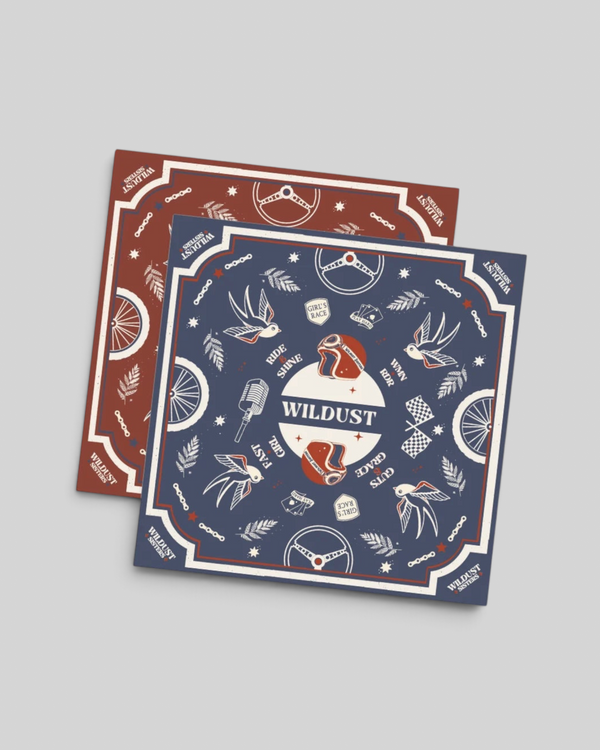 Baffle Haus Wildust Victory motorcycle scarf featuring retro racing graphics in blue and terracotta on stretch Lycra.