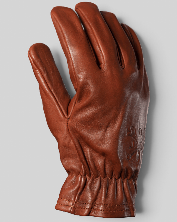 Baffle Haus Freewheeler XTM brown cowhide leather motorcycle gloves with pre-curved fingers and elasticated wrist