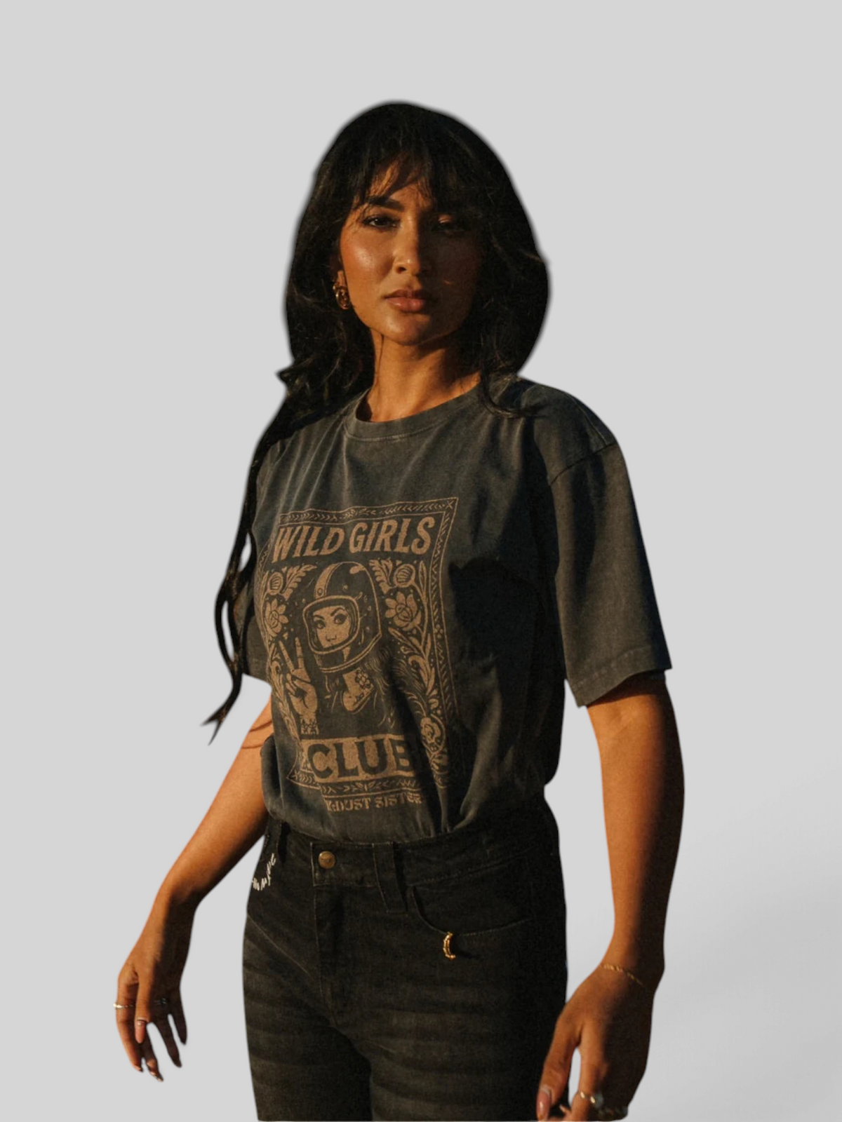 Baffle Haus grey washed cotton t-shirt with retro biker-inspired Wild Girls Club graphic print on a female model