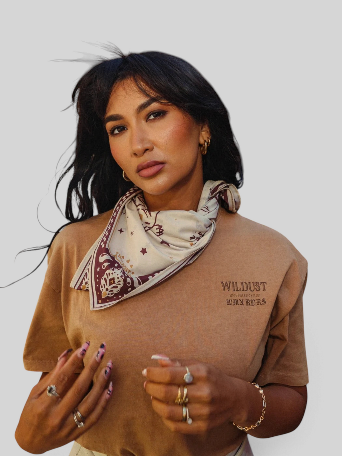 Baffle Haus khaki 100% cotton loose-fit cropped T-shirt with chest graphic worn by a woman with a patterned neck scarf